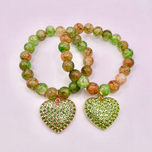 Green and Orange Bracelets with Heart Charms